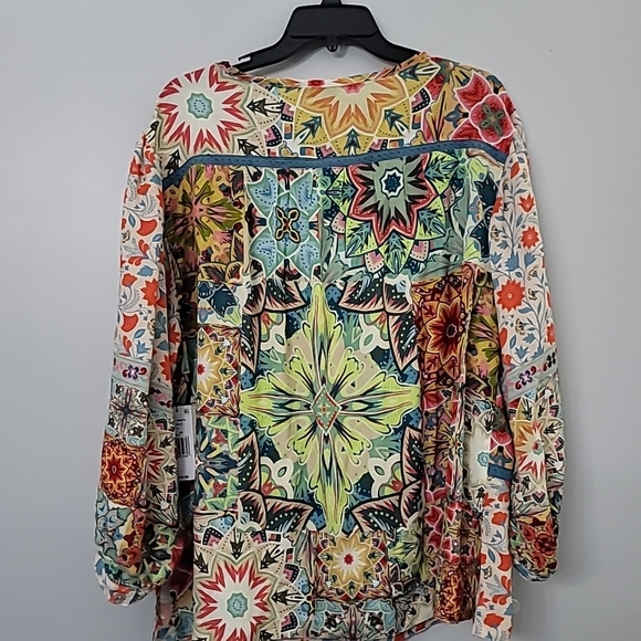 John MarkWoven Floral Print Split Neck 3/4 Cuffed  Tassel Tie Embroidered Tunic - Picture 5 of 10